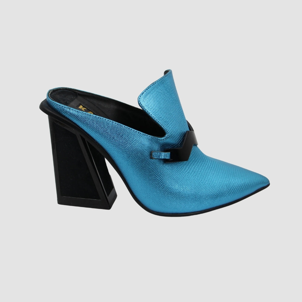 SkyBlue Leather Zigziag Embellishment Mule High Heel