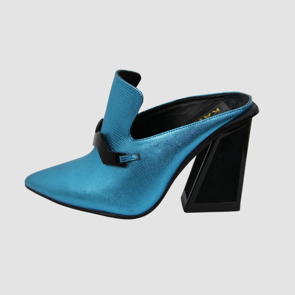 SkyBlue Leather Zigziag Embellishment Mule High Heel