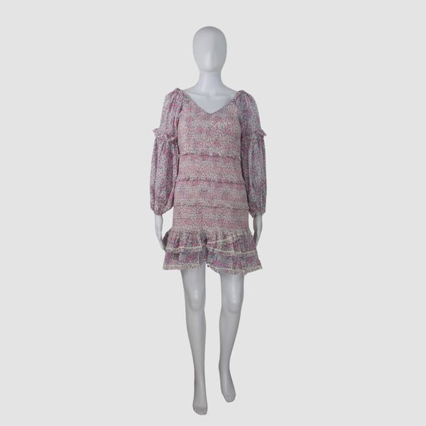Multicolor Three-Quarter Sleeve V-Neck Printed Mini Dress
