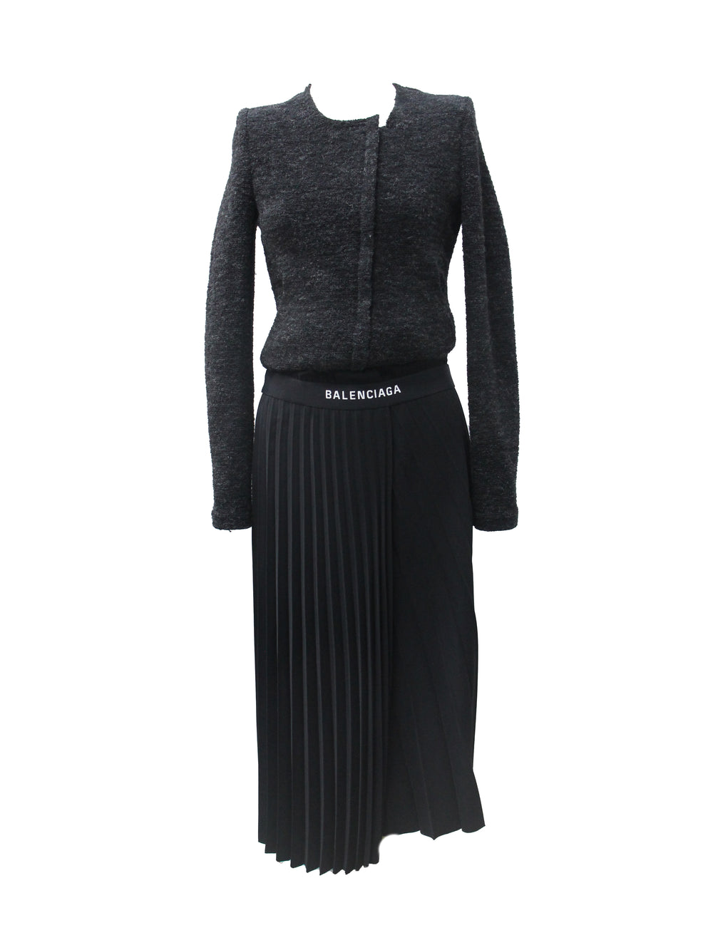 Balenciaga Black Pleated Logo Waistband Midi Skirt