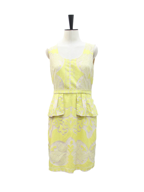 BCBGMaxazria Yellow & White Embroidered Peplum Dress