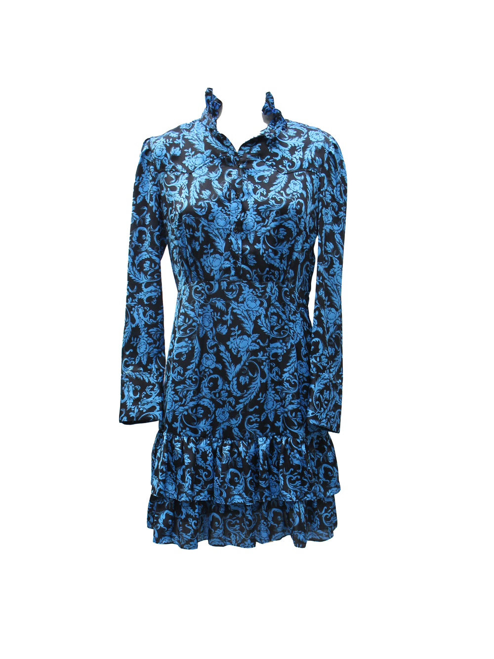 Sandro Blue & Black Baroque Print Ruffled Mini Dress