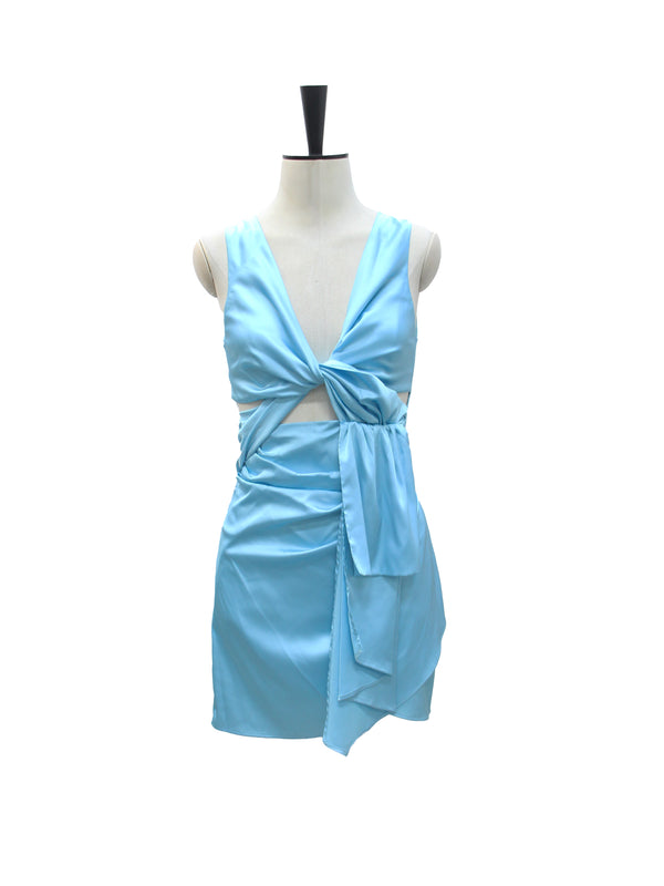 MESHKI Light Blue Cut-Out & Knot Detail Satin Mini Dress