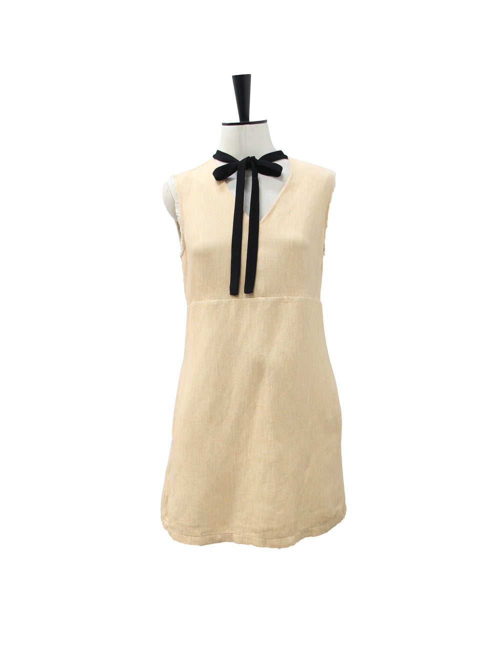 Maje Beige Linen-Blend Mini Dress with Black Bow Detail