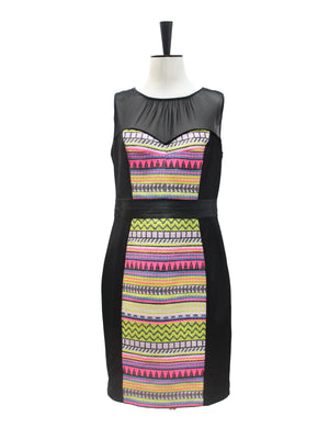 Milly Black Mesh Neckline & Tribal Pattern Cocktail Dress
