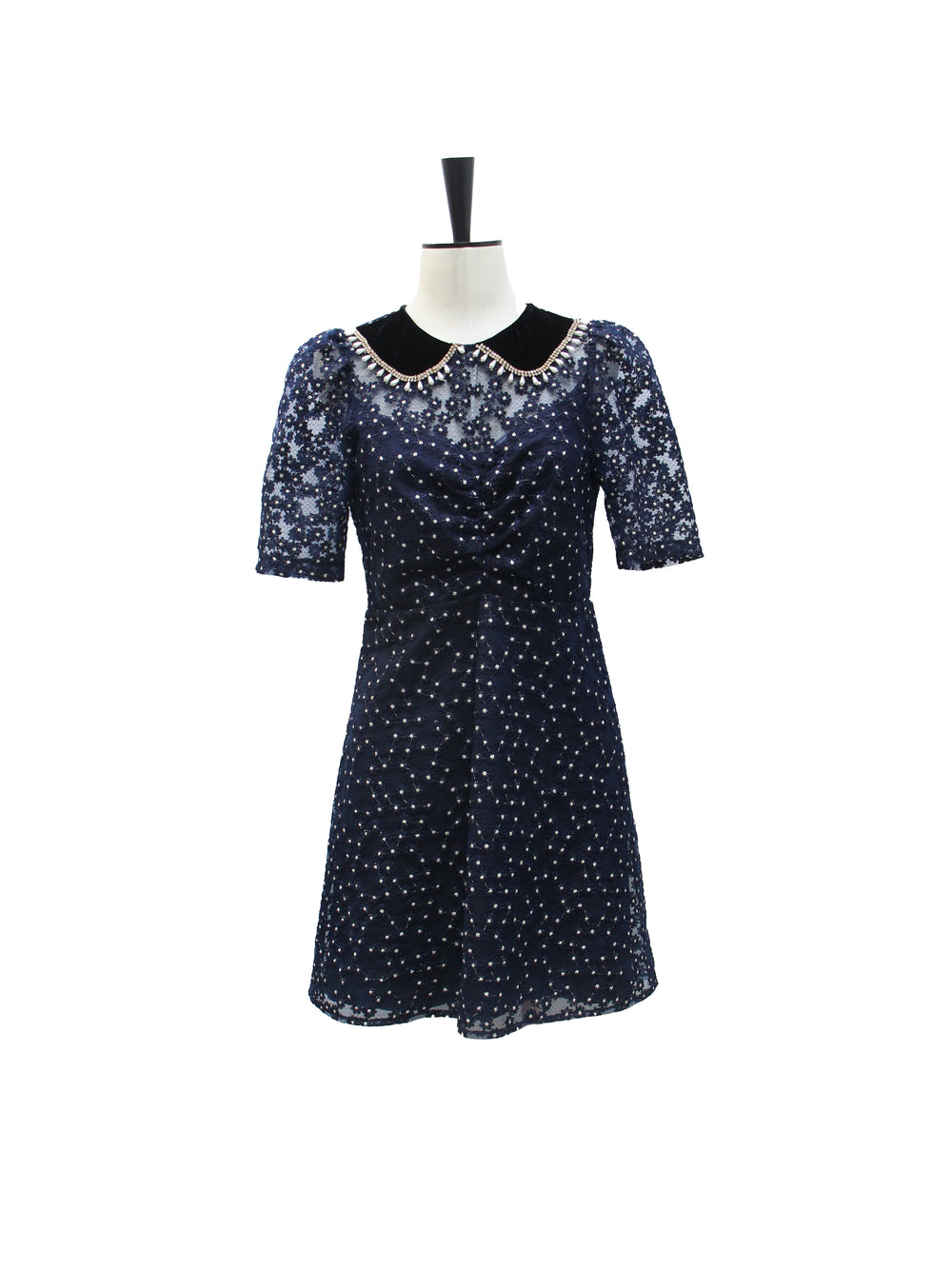 Sandro Navy Lace Mini Dress with Embellished Collar