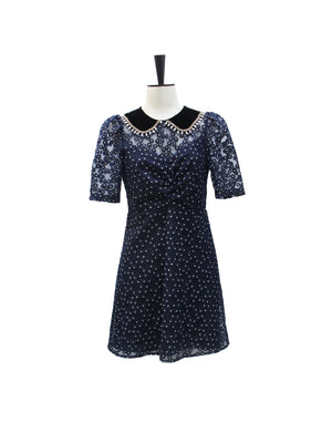 Sandro Navy Lace Mini Dress with Embellished Collar