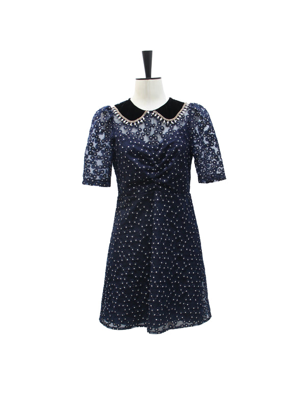 Sandro Navy Lace Mini Dress with Embellished Collar