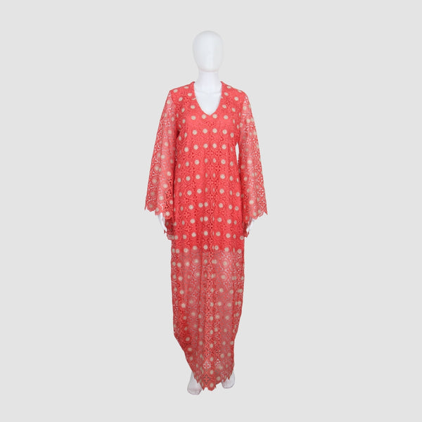 Valerie Khalfon Coral Lace V-Neck Long Sleeve Maxi Dress