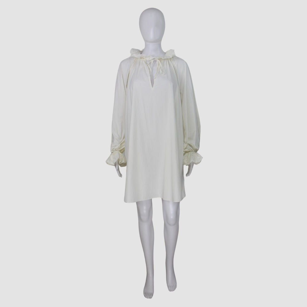 White Cotton Ruffle Detail Long Sleeve Knee Length Dress
