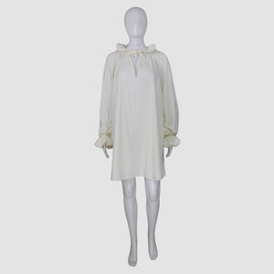 White Cotton Ruffle Detail Long Sleeve Knee Length Dress