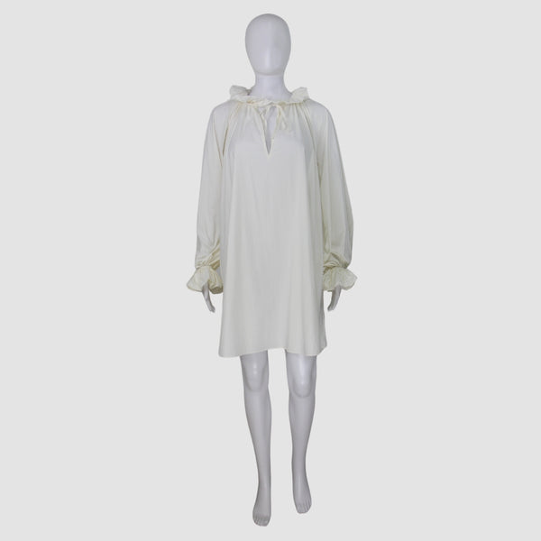 White Cotton Ruffle Detail Long Sleeve Knee Length Dress