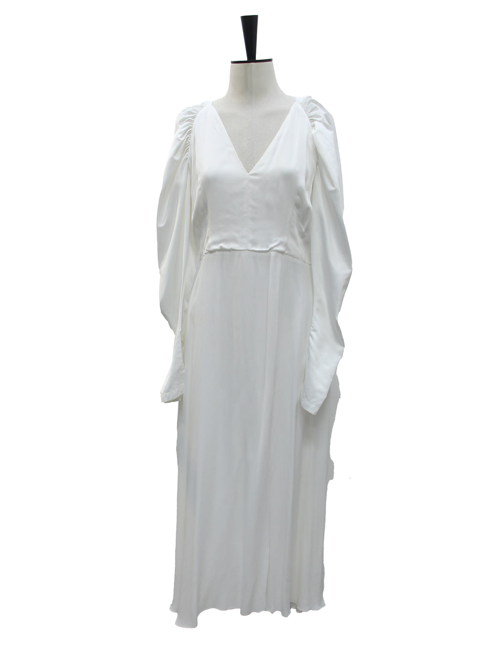 ROTATE White V-Neck Balloon Sleeve Satin Midi Dress