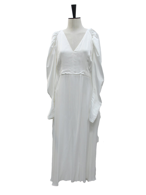 ROTATE White V-Neck Balloon Sleeve Satin Midi Dress