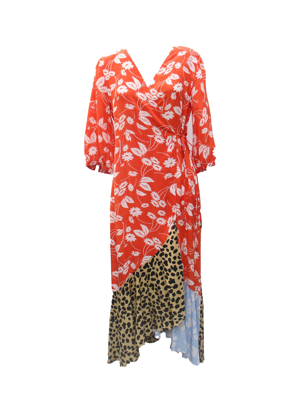 RIXO Mixed Print Wrap Midi Dress