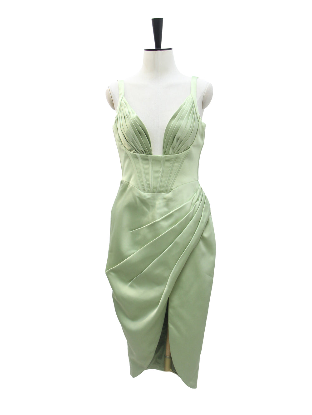 House of CB Sage Green Corset Draped Satin Midi Dress