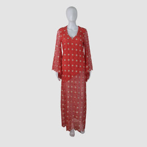 Coral Lace V-Neck Long Sleeve Maxi Dress