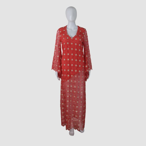 Coral Lace V-Neck Long Sleeve Maxi Dress