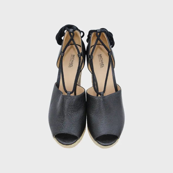 Black Leather Hastings Lace-Up Wedge Sandal