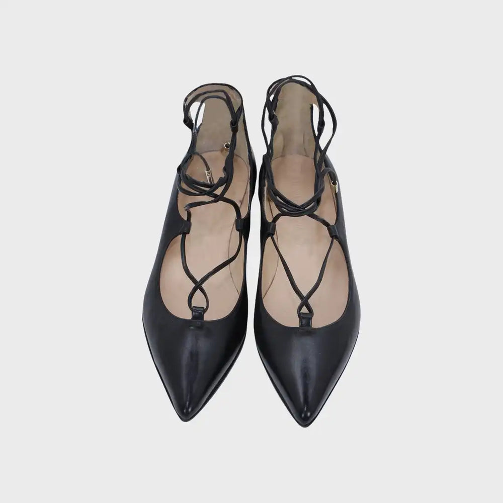 Black Leather Lace-Up Ballerina Shoes