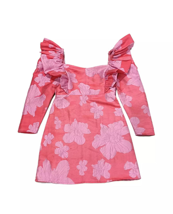 Floral Jacquard Dress with Puffed Sleeves