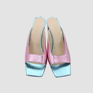 Multicolor Solid Color Leather Backing Square Toeline Square Heel Slide sandals