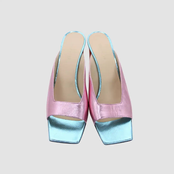 Multicolor Solid Color Leather Backing Square Toeline Square Heel Slide sandals