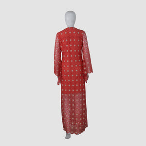 Coral Lace V-Neck Long Sleeve Maxi Dress