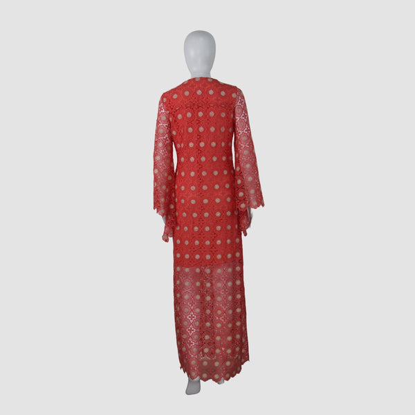 Coral Lace V-Neck Long Sleeve Maxi Dress