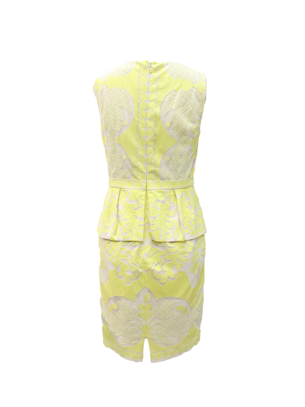 BCBGMaxazria Yellow & White Embroidered Peplum Dress