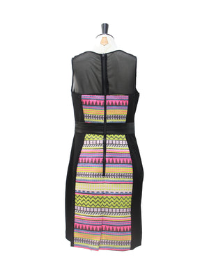 Milly Black Mesh Neckline & Tribal Pattern Cocktail Dress