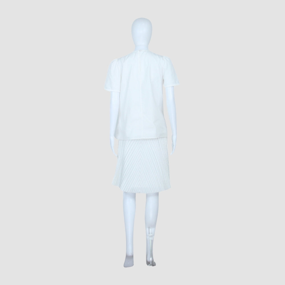 White Pleated Sleeve Lace Front Lined with Buttons Snap Closure Neck Top