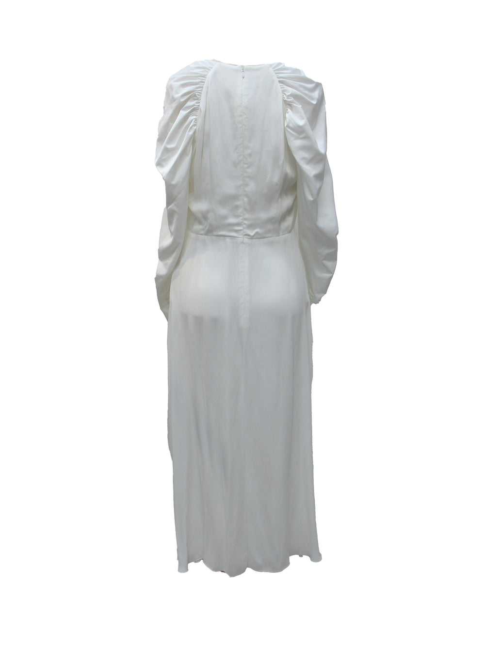 ROTATE White V-Neck Balloon Sleeve Satin Midi Dress
