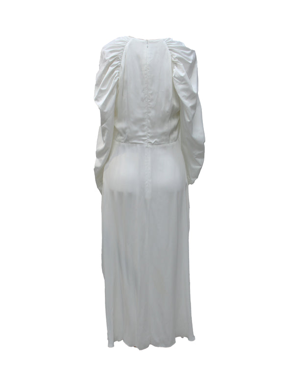 ROTATE White V-Neck Balloon Sleeve Satin Midi Dress
