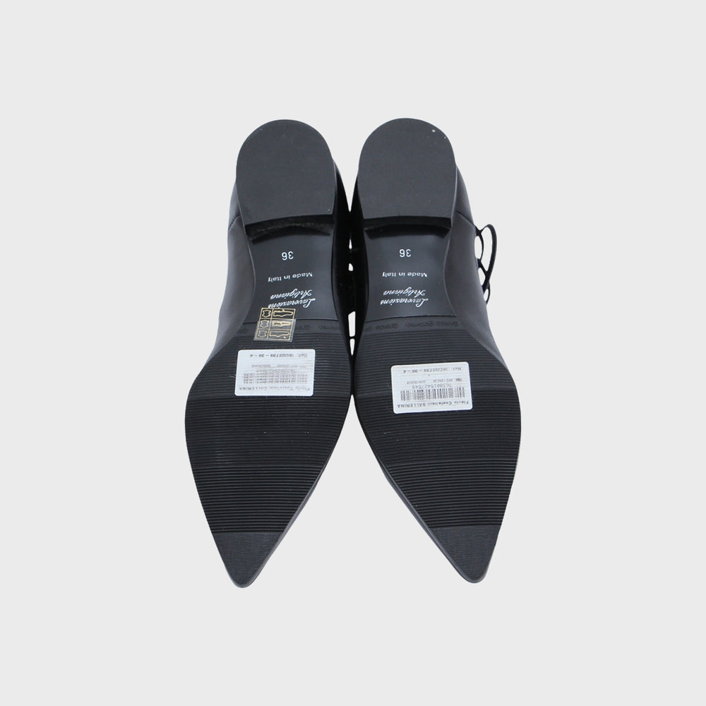 Black Leather Lace-Up Ballerina Shoes