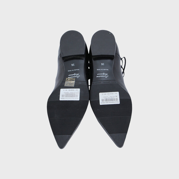 Black Leather Lace-Up Ballerina Shoes