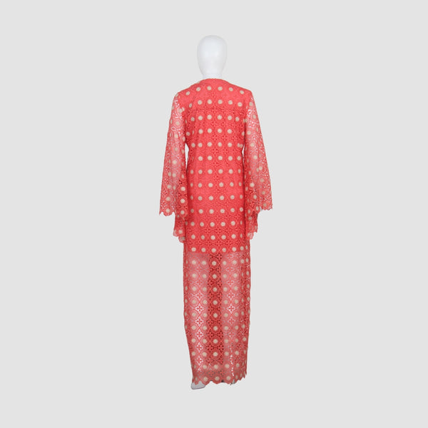 Valerie Khalfon Coral Lace V-Neck Long Sleeve Maxi Dress