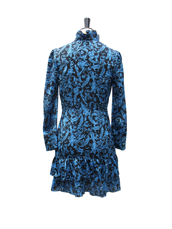Sandro Blue & Black Baroque Print Ruffled Mini Dress