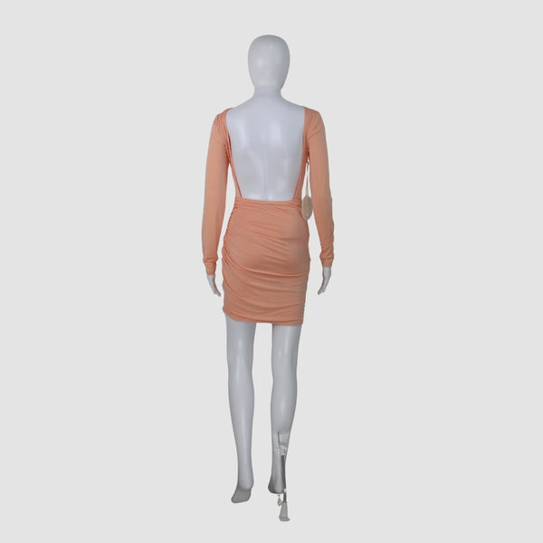 Miss Circle Peach Ruched Longsleeve Backless Mini Dress