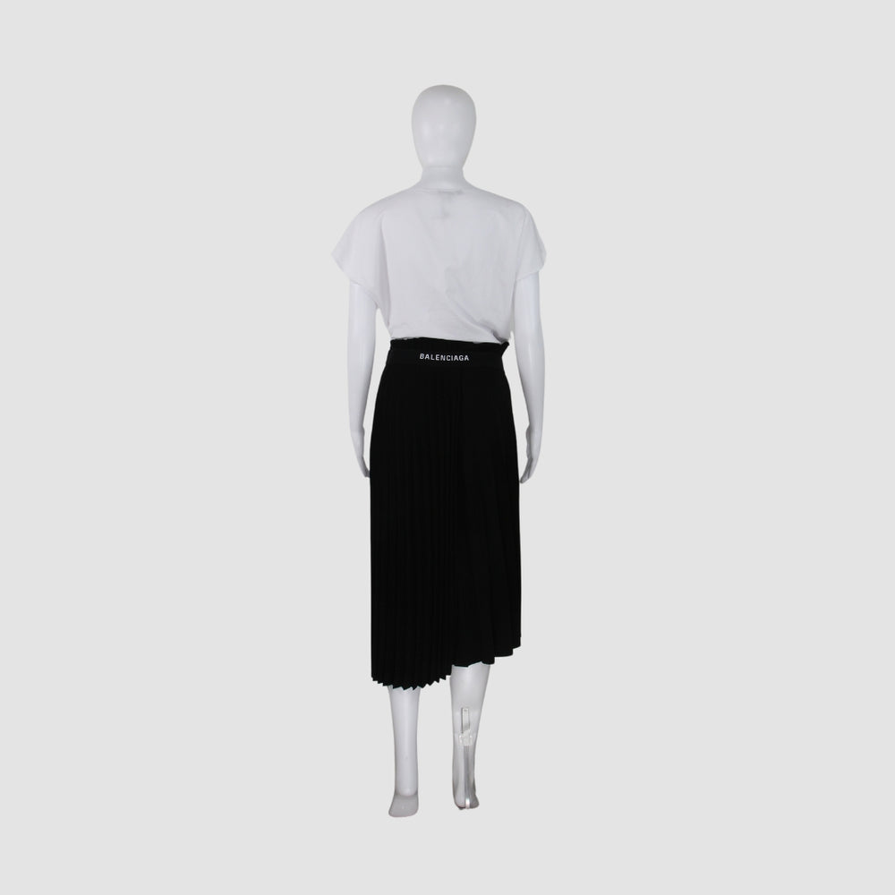 Balenciaga Black Crepe Plisse Asymmetric Midi Skirt