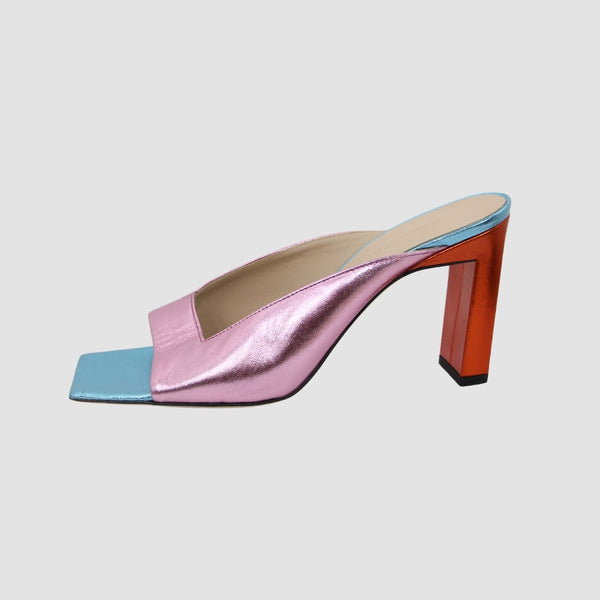 Multicolor Solid Color Leather Backing Square Toeline Square Heel Slide sandals