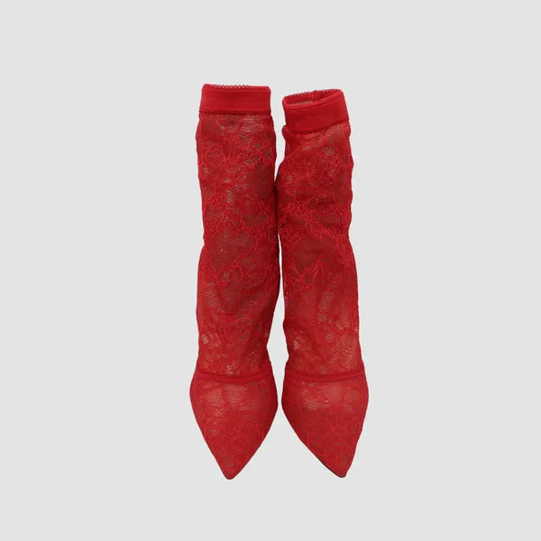 Red Suede And Lace Pointed Toe Annkle Booties