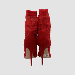 Red Suede And Lace Pointed Toe Annkle Booties