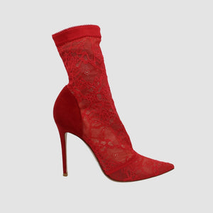 Red Suede And Lace Pointed Toe Annkle Booties
