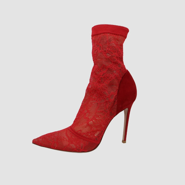 Red Suede And Lace Pointed Toe Annkle Booties