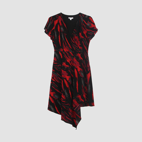 Halston Multicolor Printed V-Neck Split Flutter Sleeve Midi Dress