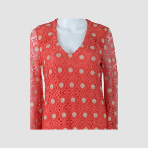 Coral Lace V-Neck Long Sleeve Maxi Dress