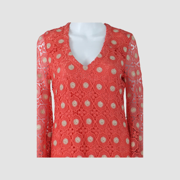 Coral Lace V-Neck Long Sleeve Maxi Dress