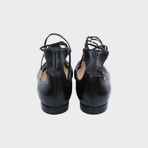 Black Leather Lace-Up Ballerina Shoes