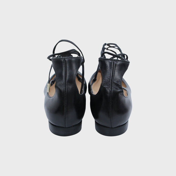 Black Leather Lace-Up Ballerina Shoes